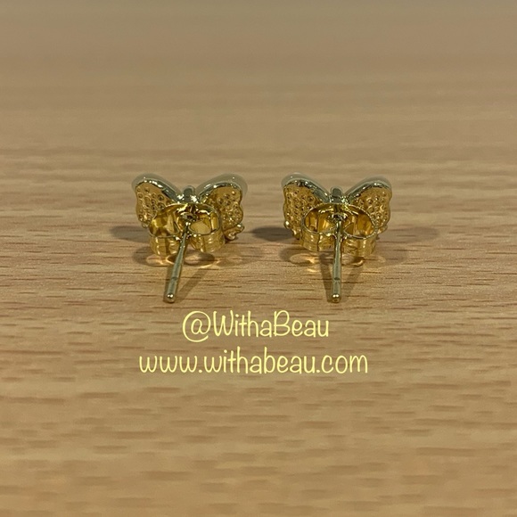 Gold Tone Bow Earrings - Jade - Picture 2 of 3